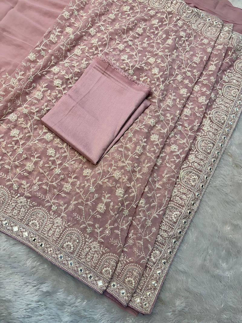 Light Pink thread sequin work Georgette Saree