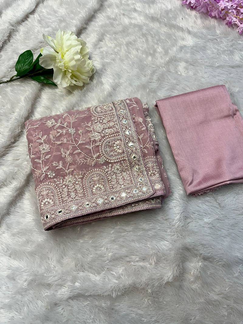 Light Pink thread sequin work Georgette Saree