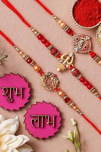 3 Beautiful Rakhi For Brother Bhabhi With Shubh Labh Sticker 
