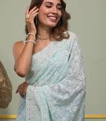 Sky Blue thread sequin work Georgette Saree