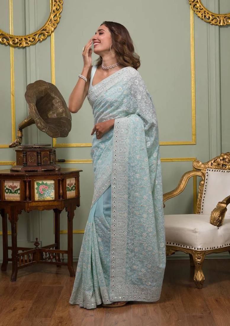 Sky Blue thread sequin work Georgette Saree