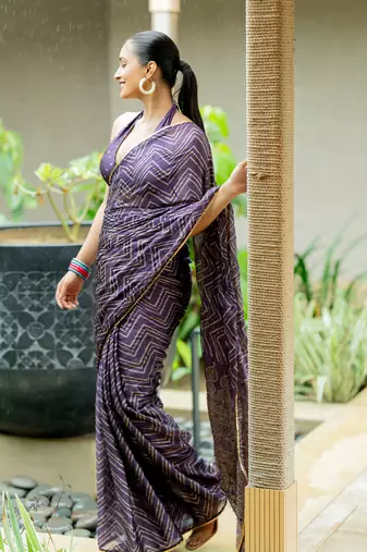 Dark purple chiffon foil chevron print ethnic motif sequins lace border saree with unstiched blouse piece