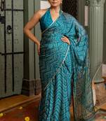 Rama blue chiffon foil chevron print ethnic motif sequins lace border saree with unstiched blouse piece