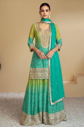 Green digital print with Embroidered silk stitched Palazzo suit(free size)