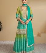 Green digital print with Embroidered silk stitched Palazzo suit(free size)