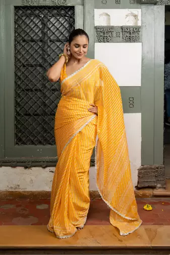 Yellow chiffon stripes leheriya print zari work lace border saree with unstiched blouse piece