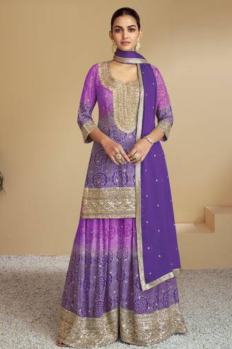 Lavendar digital print with Embroidered silk stitched Palazzo suit(free size)