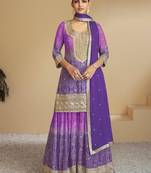 Lavendar digital print with Embroidered silk stitched Palazzo suit(free size)
