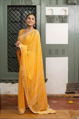 Yellow chiffon stripes leheriya print zari work lace border saree with unstiched blouse piece
