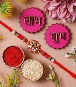 Stone Flower Rakhi For Brother With Shubh Labh Sticker 