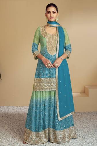 Blue digital print with Embroidered silk stitched Palazzo suit(free size)