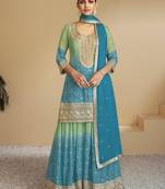 Blue digital print with Embroidered silk stitched Palazzo suit(free size)
