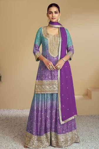Purple digital print with Embroidered silk stitched Palazzo suit(free size)