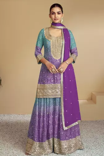 Purple digital print with Embroidered silk stitched Palazzo suit(free size)