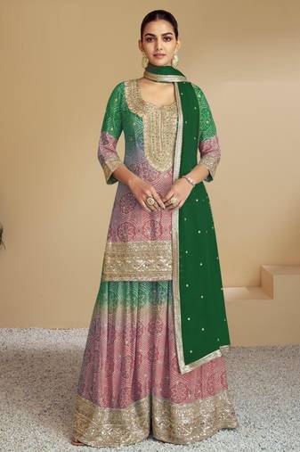 Peach digital print with Embroidered silk stitched Palazzo suit(free size)