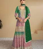 Peach digital print with Embroidered silk stitched Palazzo suit(free size)