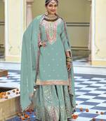 Sky blue Embroidered silk stitched Palazzo suit(free size)