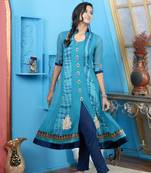 Blue georgette embroidered a line kurta & pants set