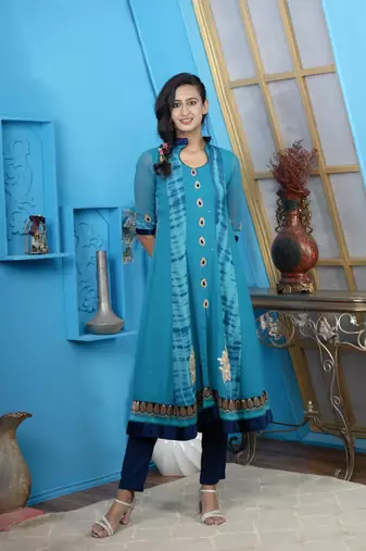 Blue georgette embroidered a line kurta & pants set