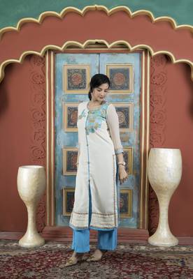 Cream georgette embroidered straight cut kurta & culottes set 1
