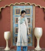 Cream georgette embroidered straight cut kurta & culottes set