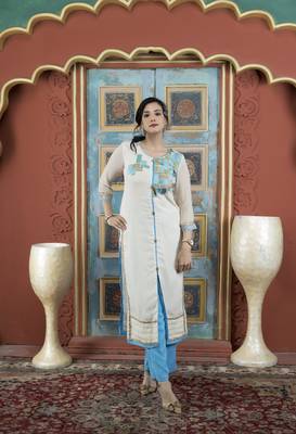 Cream georgette embroidered straight cut kurta & culottes set 2