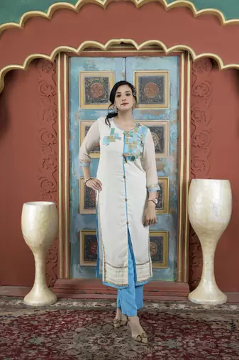 Cream georgette embroidered straight cut kurta & culottes set