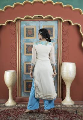 Cream georgette embroidered straight cut kurta & culottes set 4