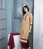 Beige cotton silk embroidered straight cut kurta & culottes set