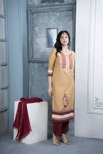 Beige cotton silk embroidered straight cut kurta & culottes set