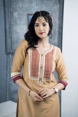 Beige cotton silk embroidered straight cut kurta & culottes set 5