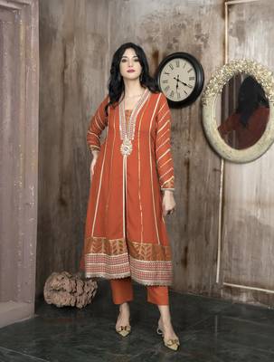 Orange georgette embroidered a line kurta & pants set 2