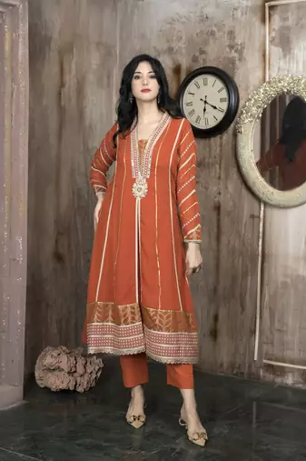 Orange georgette embroidered a line kurta & pants set