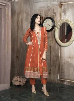 Orange georgette embroidered a line kurta & pants set 3