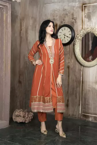 Orange georgette embroidered a line kurta & pants set