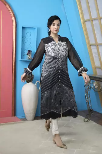 Black chanderi embroidered a line kurta & pants set
