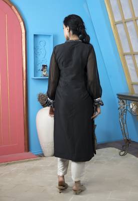 Black chanderi embroidered a line kurta & pants set 4