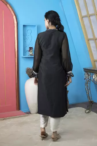 Black chanderi embroidered a line kurta & pants set