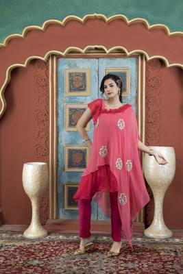 Light-pink georgette embroidered asymmetrical kurta & pants set 1