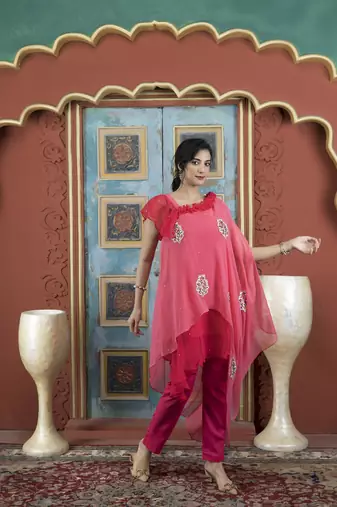Light-pink georgette embroidered asymmetrical kurta & pants set