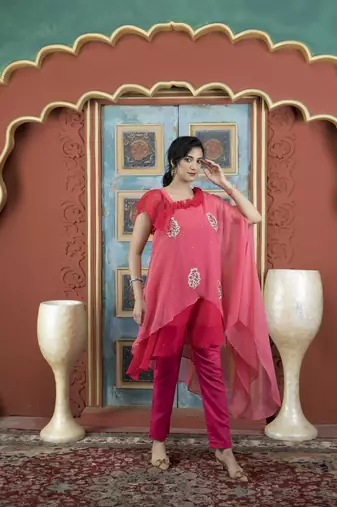 Light-pink georgette embroidered asymmetrical kurta & pants set