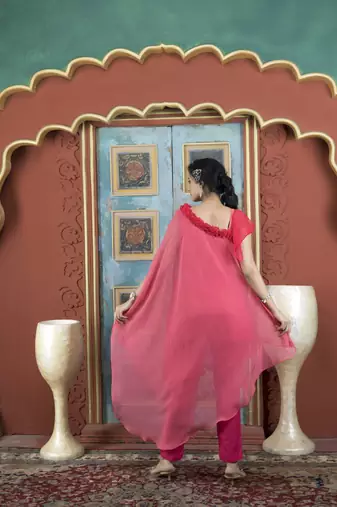 Light-pink georgette embroidered asymmetrical kurta & pants set