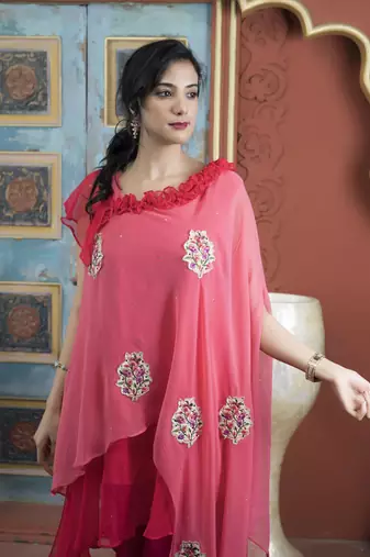Light-pink georgette embroidered asymmetrical kurta & pants set