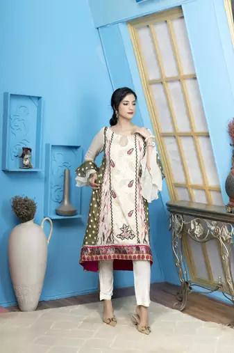 Cream georgette embroidered a line kurta & pants set