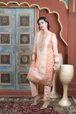 Light-peach chanderi embroidered straight cut kurta & pants set 1