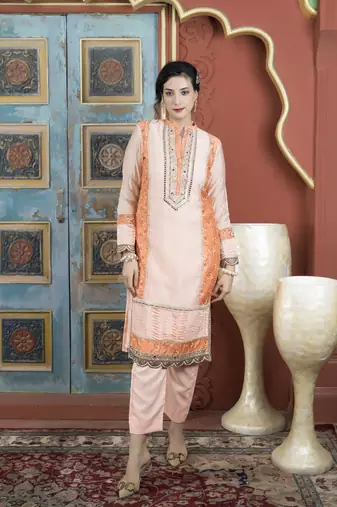 Light-peach chanderi embroidered straight cut kurta & pants set