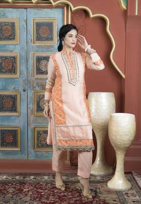 Light-peach chanderi embroidered straight cut kurta & pants set 3