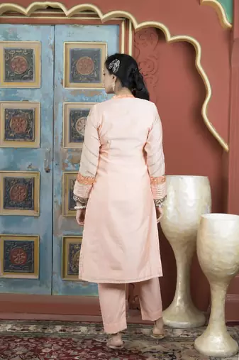 Light-peach chanderi embroidered straight cut kurta & pants set