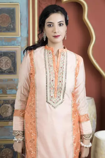 Light-peach chanderi embroidered straight cut kurta & pants set