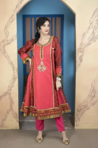 Light-pink chanderi embroidered a line kurta & pants set